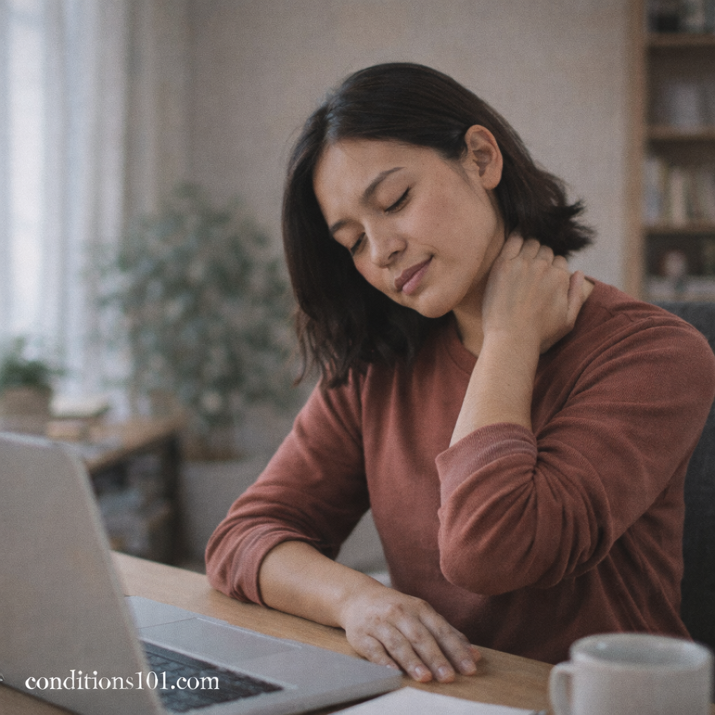 Adult woman sitting at a desk gently touching her neck in a calm home office, representing everyday postural pain.