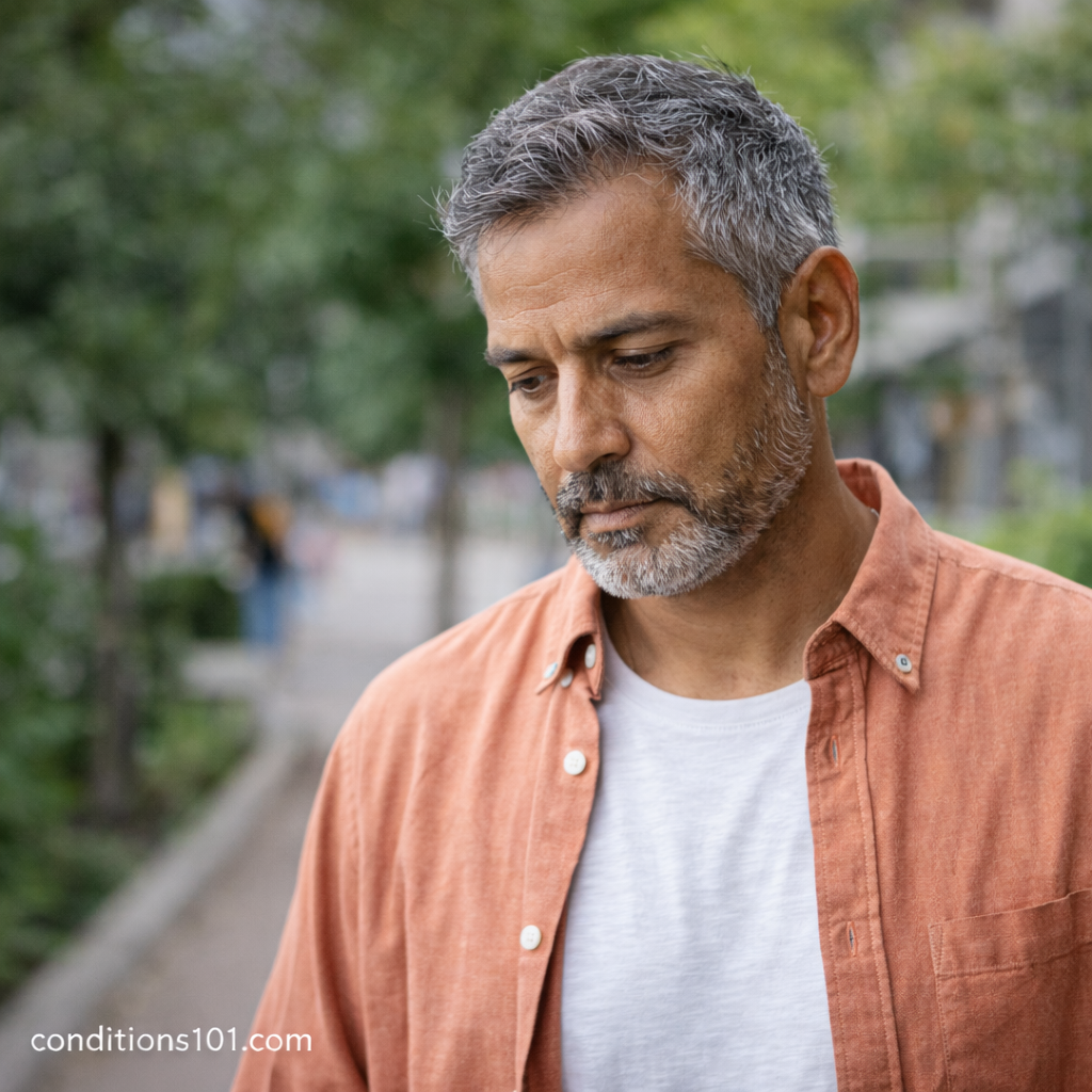 Middle-aged man walking outdoors with a thoughtful expression, representing everyday lifestyle and environmental factors related to premature aging of skin.