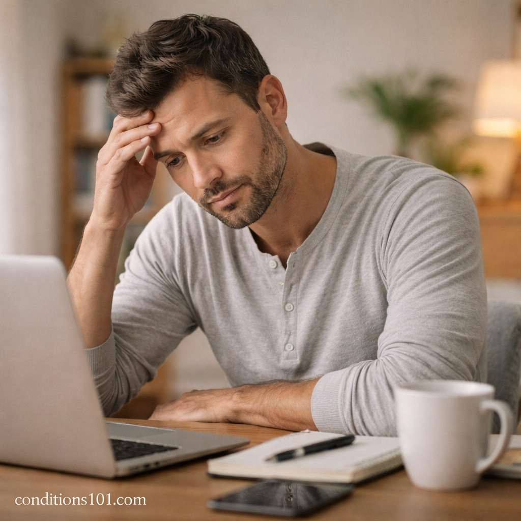 Adult man working at a desk in a calm home office, showing a thoughtful, reflective moment related to psychological distress.