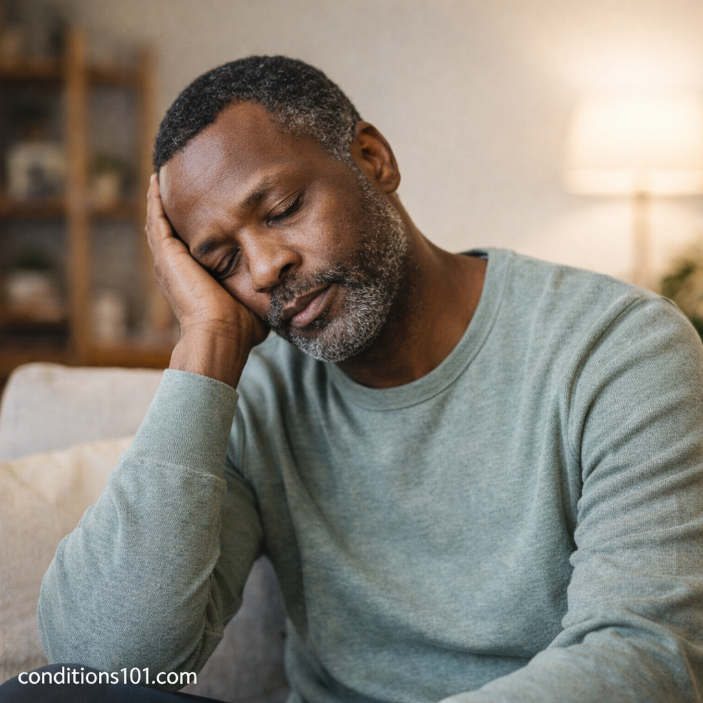 Middle-aged man resting on a couch in a calm home setting, reflecting everyday experiences that influence quality of life.