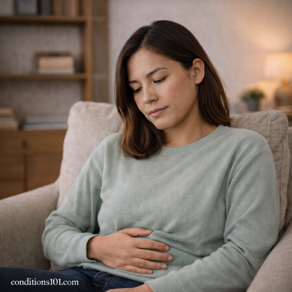 An adult woman sitting in a comfortable chair at home with her hand resting on her abdomen, representing everyday digestive awareness in a non-clinical setting.
