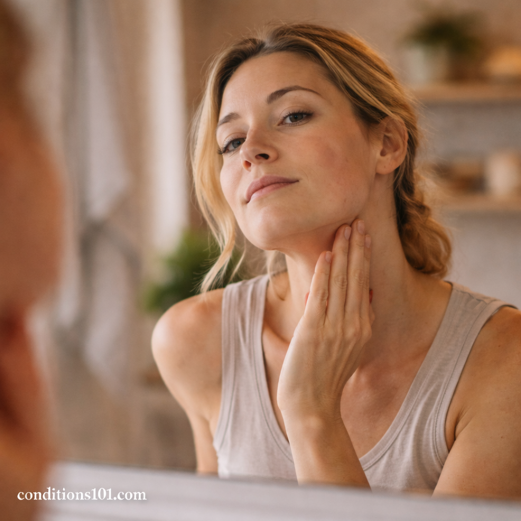 Adult woman touching her jawline in a calm bathroom setting, illustrating everyday skin irritation related to razor burn.