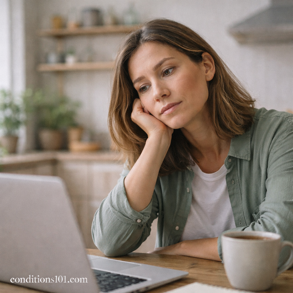 Adult woman sitting at a kitchen table working on a laptop with a thoughtful expression, representing everyday reaction time change.