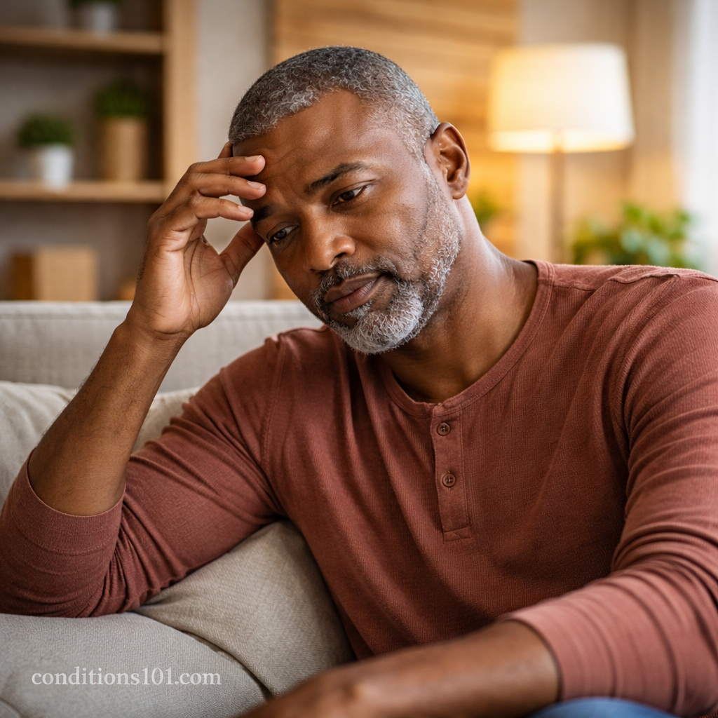 Adult man resting thoughtfully on a couch in a calm home setting, representing everyday reflection related to recurrent health conditions.