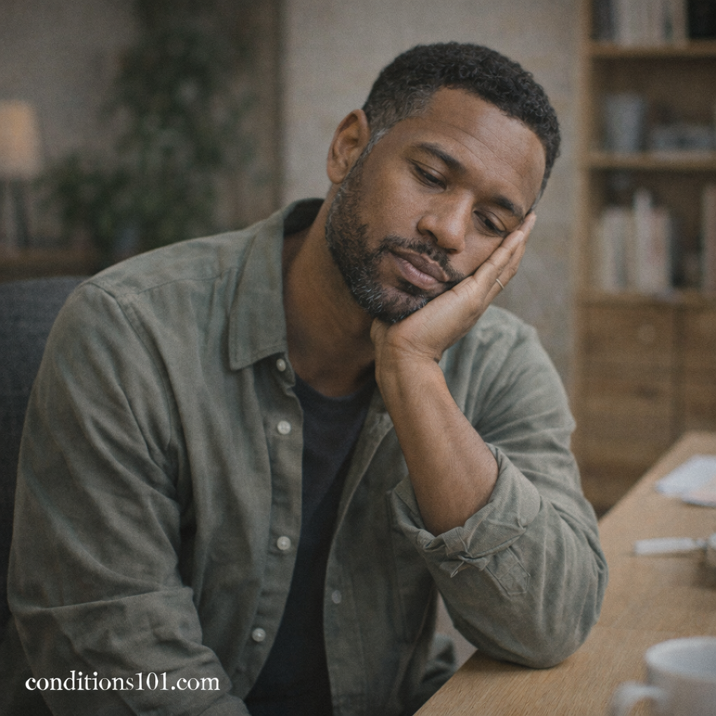 Adult man sitting at a desk with a calm, thoughtful expression in a home office, representing an educational discussion about regurgitation.