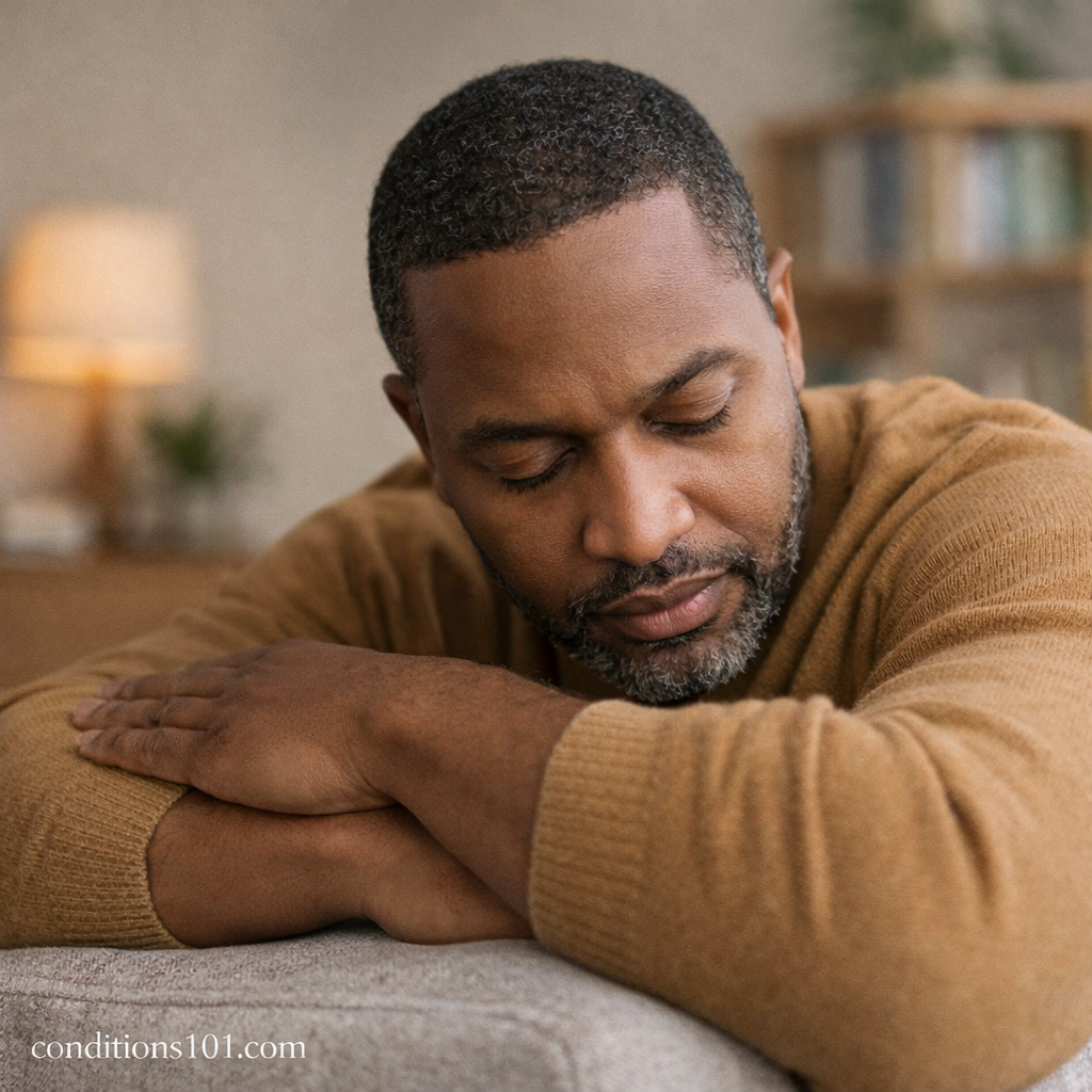 Adult person resting in a calm home environment, representing a reflective everyday moment related to understanding remission.
