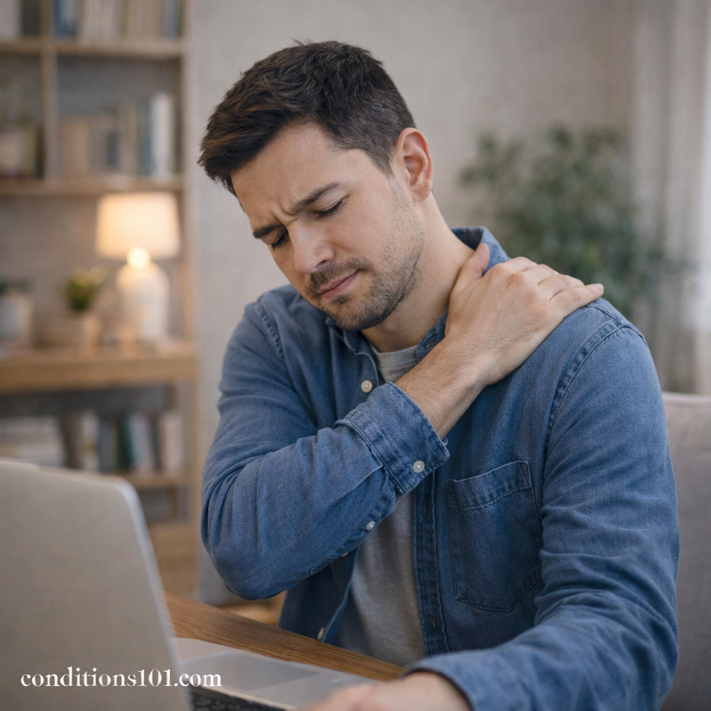 Adult man sitting at a home desk holding his shoulder, representing everyday experiences related to repetitive strain injury in an educational context.