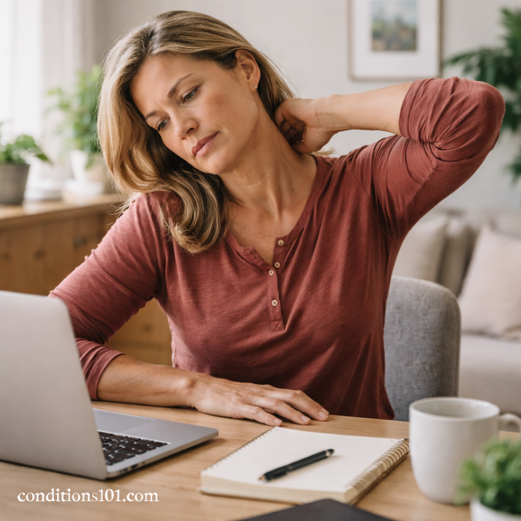 Adult woman sitting at a home desk, subtly shifting posture and stretching during an everyday work moment.