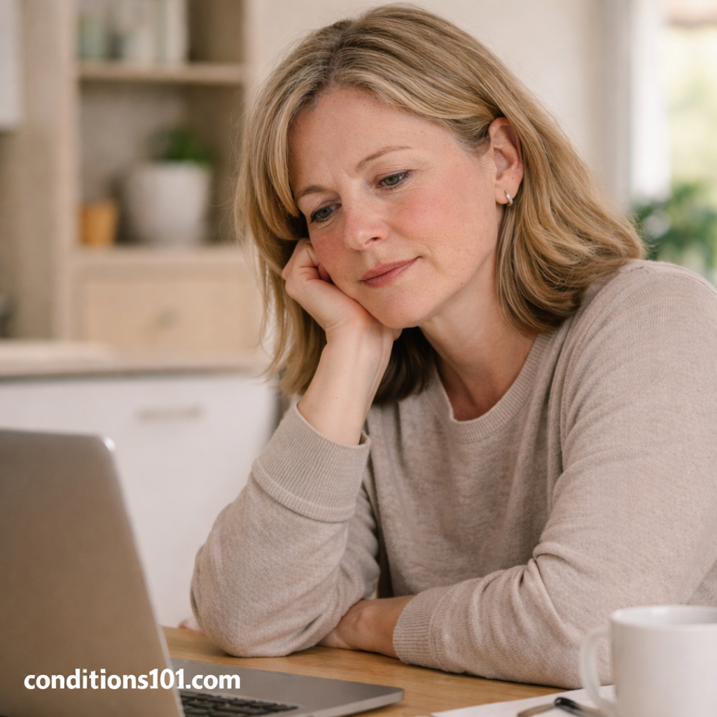 Adult woman in a calm everyday setting showing mild facial redness while focusing on daily activities, representing an educational overview of rosacea.