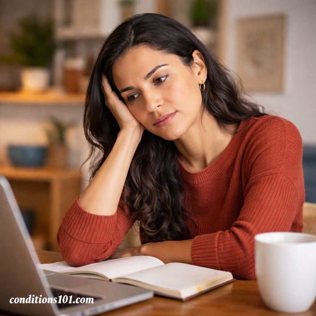 Adult woman sitting at a desk in a calm home office, appearing thoughtfully focused, representing an educational discussion of rumination and repetitive thinking.