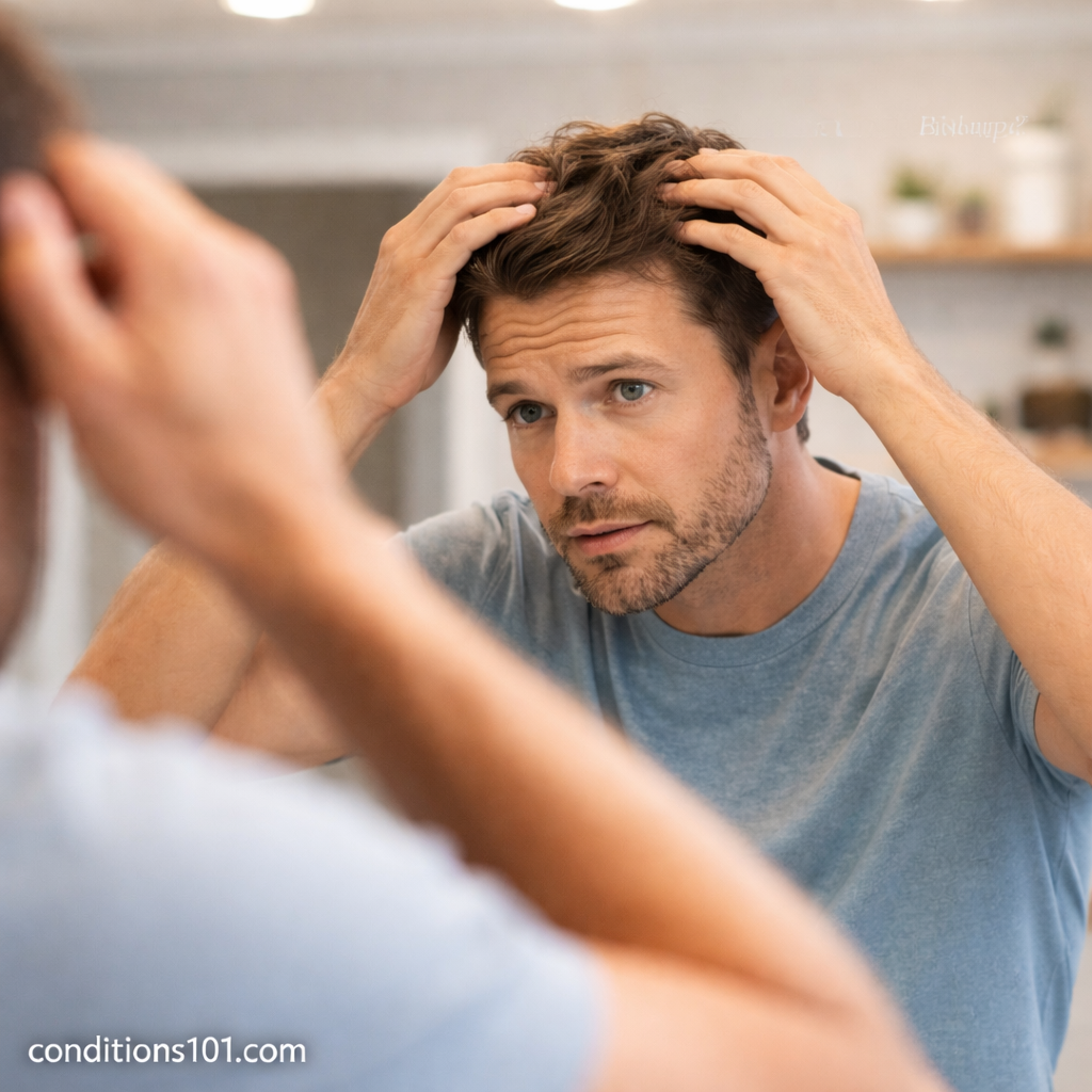 Man gently checking his scalp in a calm bathroom setting, reflecting common grooming moments related to scalp buildup.
