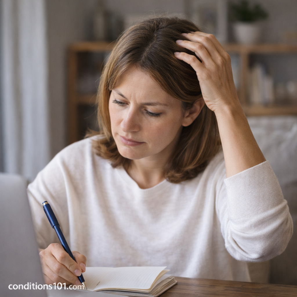 Adult woman sitting at a desk, gently touching her scalp while working, representing everyday scalp sensitivity.