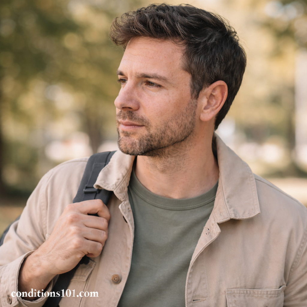 Adult man outdoors in a calm public setting with mild redness and flaking on the face, representing everyday experiences associated with seborrheic dermatitis.