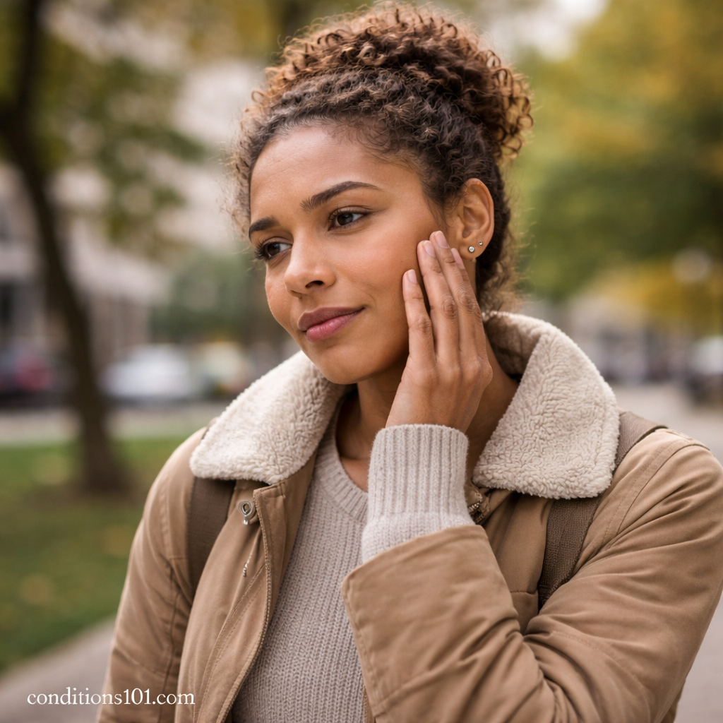 An adult woman walking outdoors in a park, gently touching her cheek with a thoughtful expression, representing sensitive skin in an everyday setting.