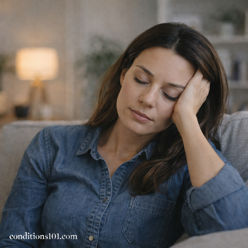 Adult woman resting on a couch in a calm home setting, appearing thoughtful, representing everyday experiences related to sensory adaptation.