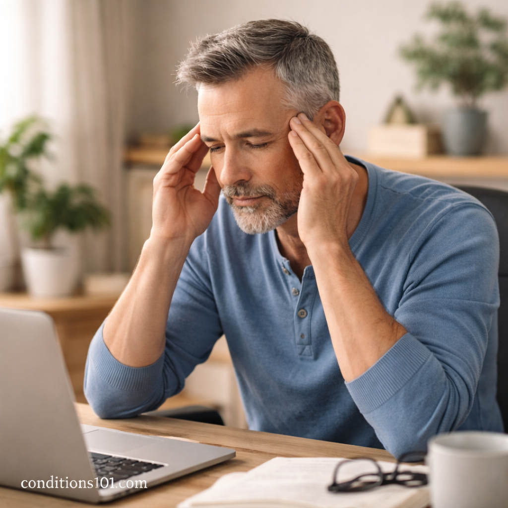 Middle-aged man sitting at a desk with eyes closed and hands at his temples, showing mild sensory overload and mental fatigue in a quiet home setting.