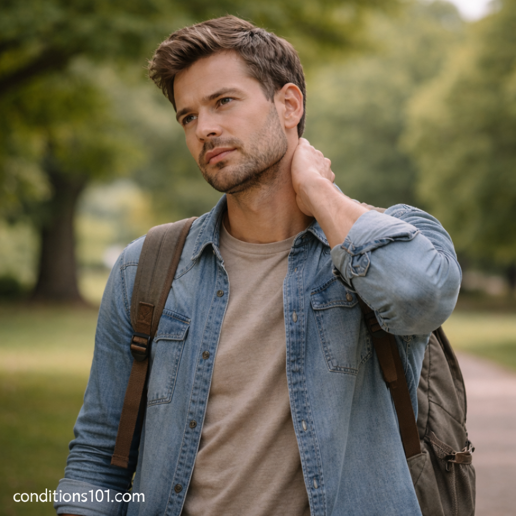 Man walking outdoors in a calm park setting with a thoughtful expression, illustrating everyday experiences related to sensory and autonomic nervous system responses.