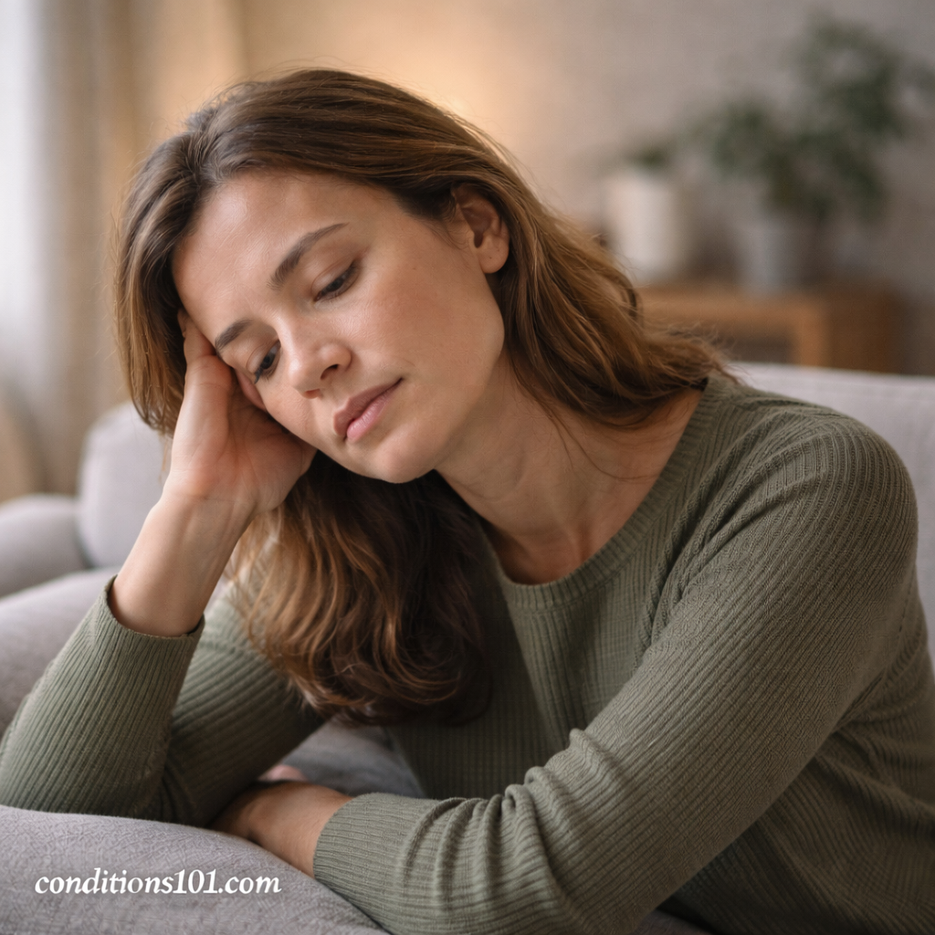 Adult woman resting on a couch in a calm home setting, showing mild sensory tiredness and quiet reflection in an everyday moment.