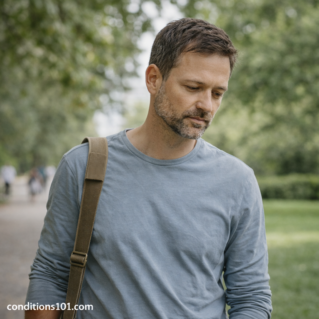 Adult man walking outdoors in a calm park setting, illustrating sensory integration during everyday activities.