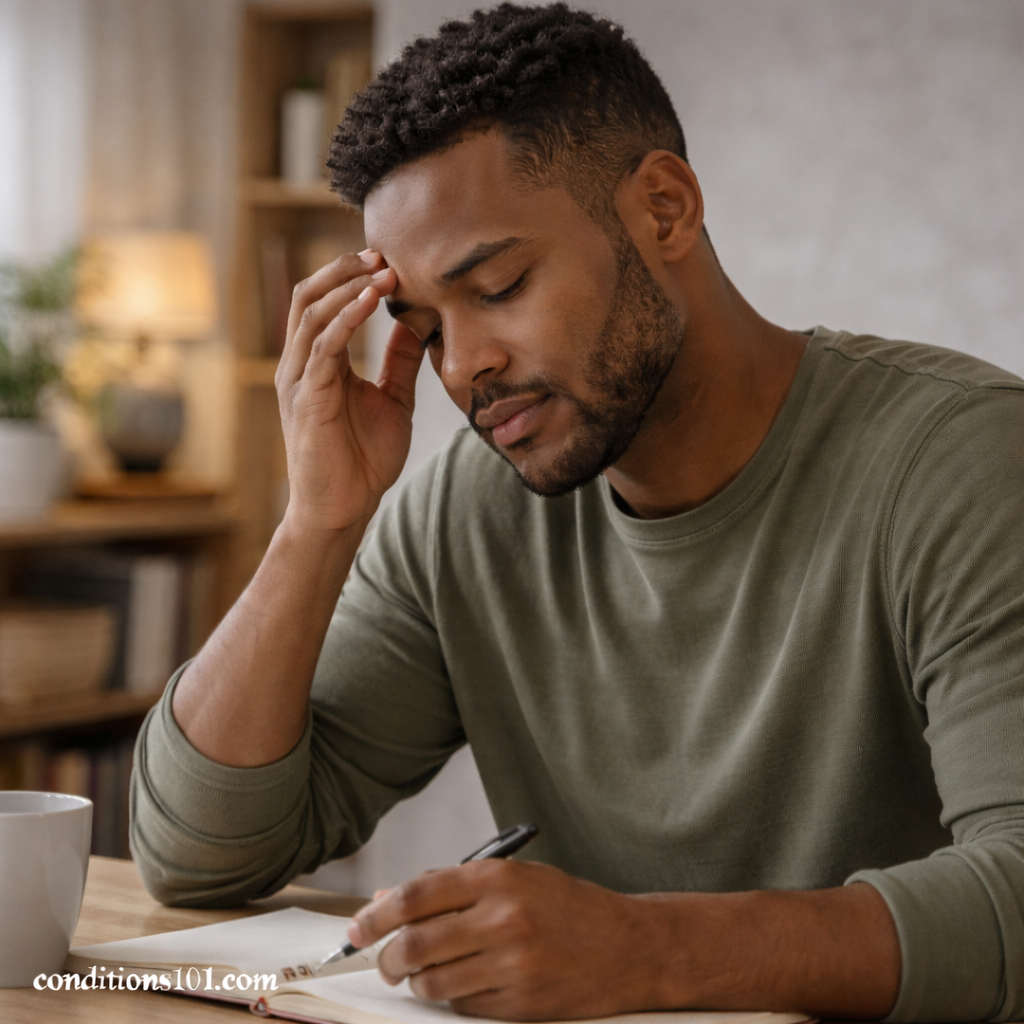 Adult man sitting at a home office desk with a focused, thoughtful expression, representing sensory processing difficulty in everyday environments.