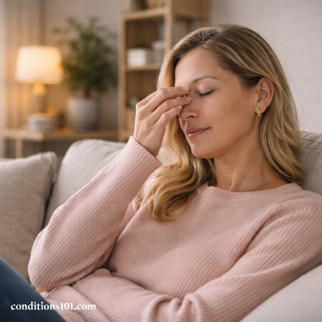 A woman resting on a couch while gently rubbing her eyes in soft natural light, representing everyday sensory sensitivity to light.