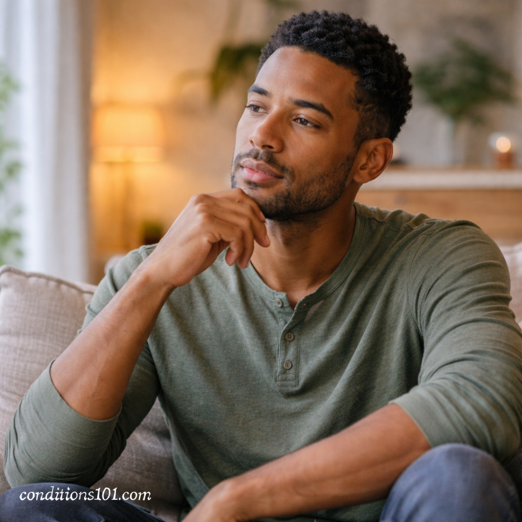 Adult man sitting in a calm home setting, thoughtfully reflecting on sensory awareness and perception.