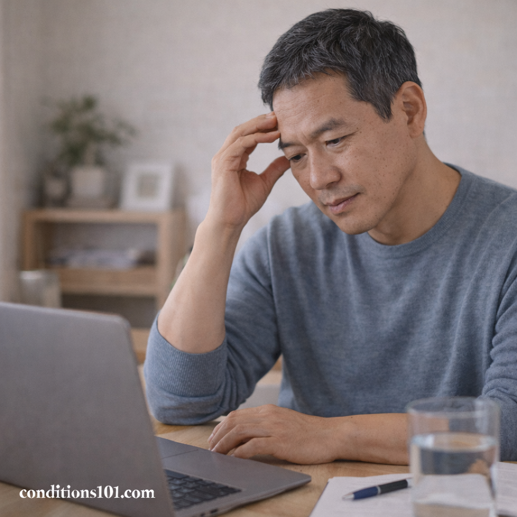 An older man sitting at a desk with a thoughtful expression, representing awareness of different pain sensations during daily activities.