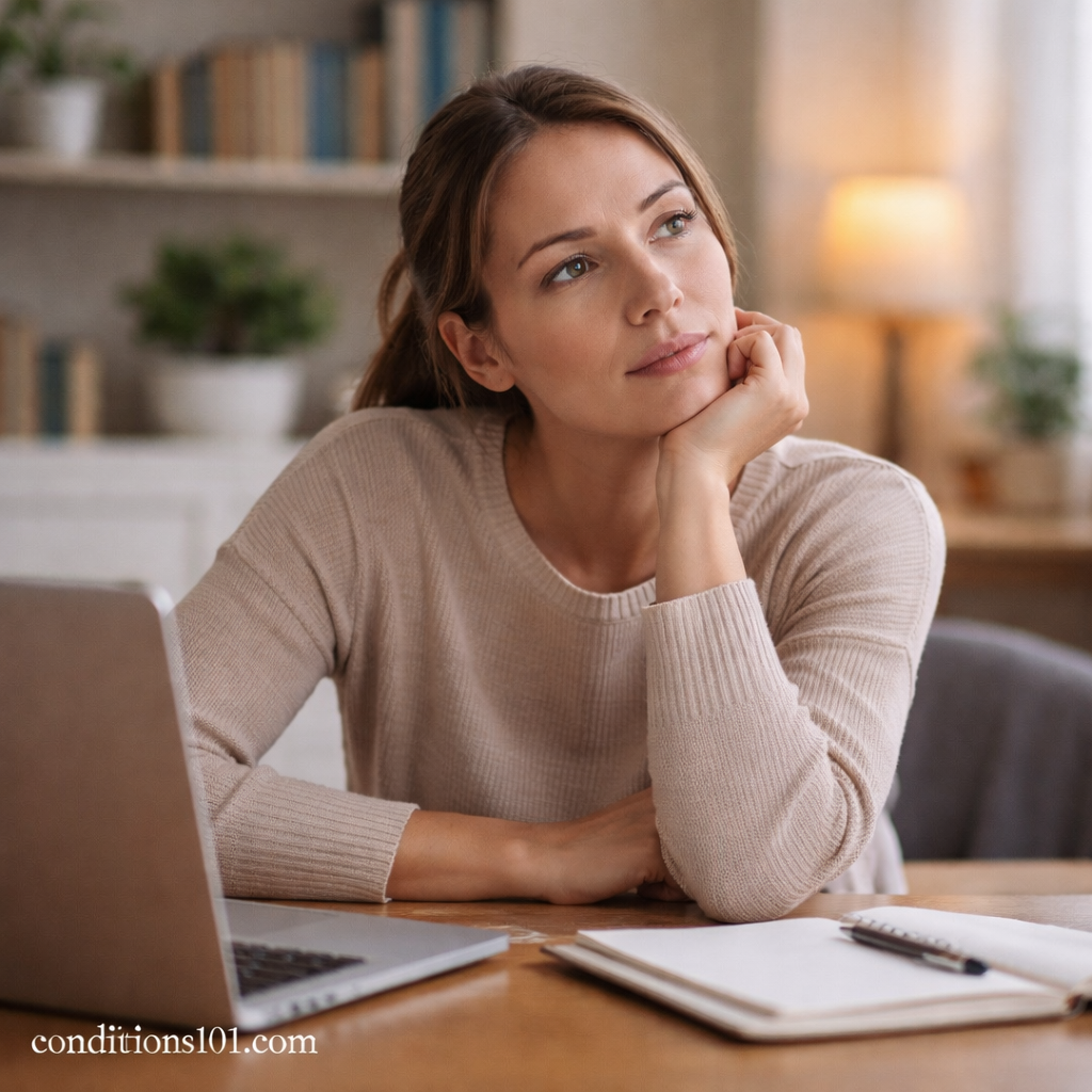 Adult woman sitting at a table with a thoughtful expression in a calm home setting, representing reflection on sharp pain versus dull pain.