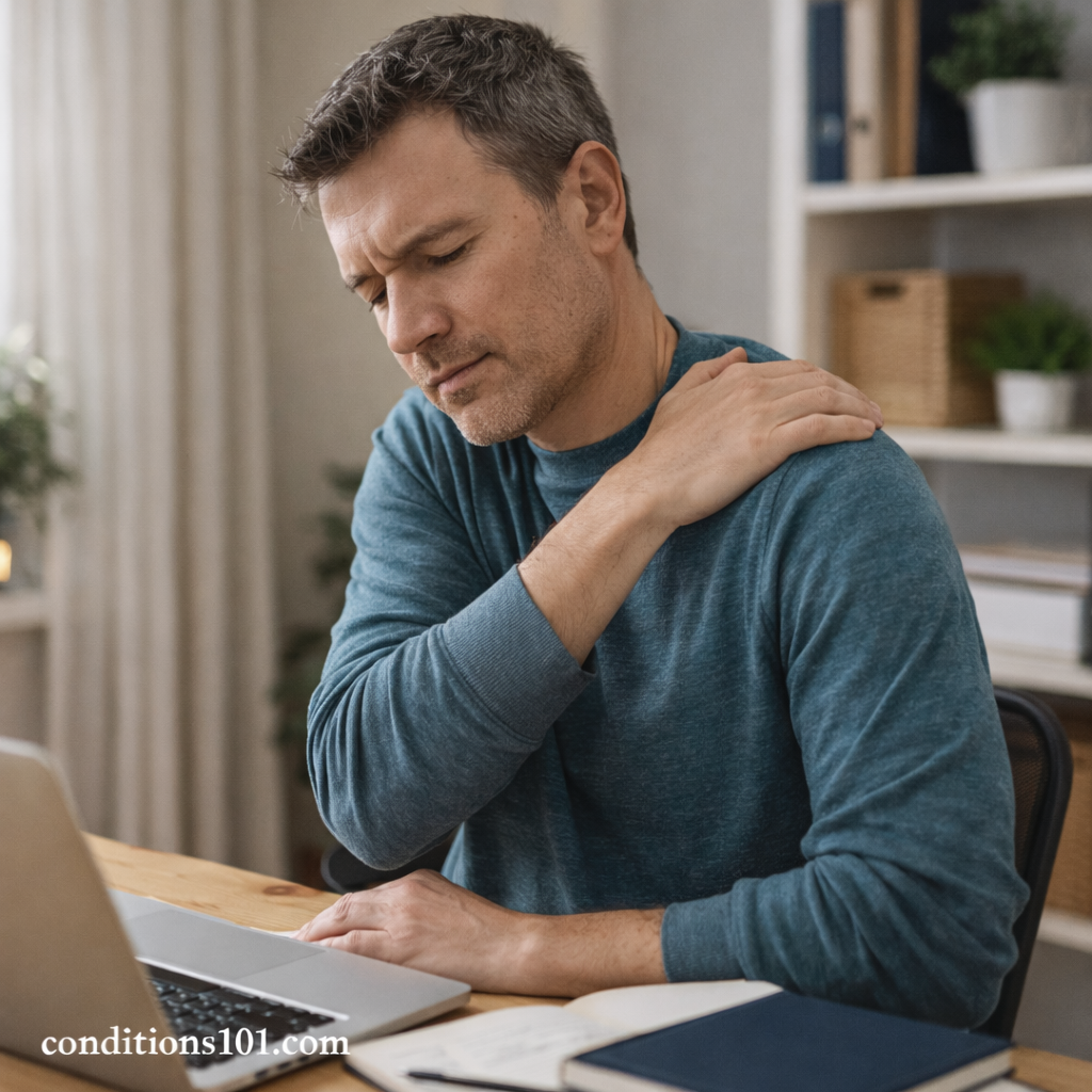 Adult man sitting at a home office desk, gently holding his shoulder during a work break.