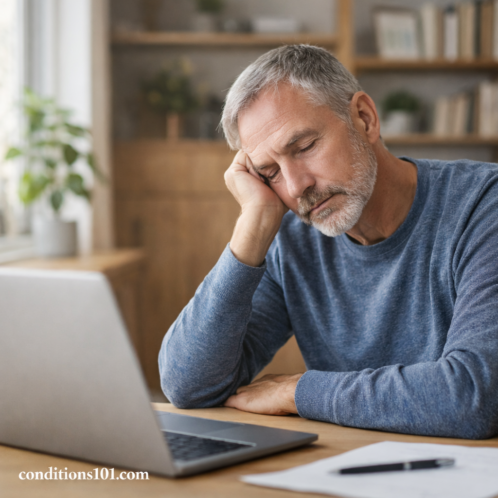 An older man resting his head at a desk during a quiet moment, representing how silent conditions can exist without obvious symptoms.