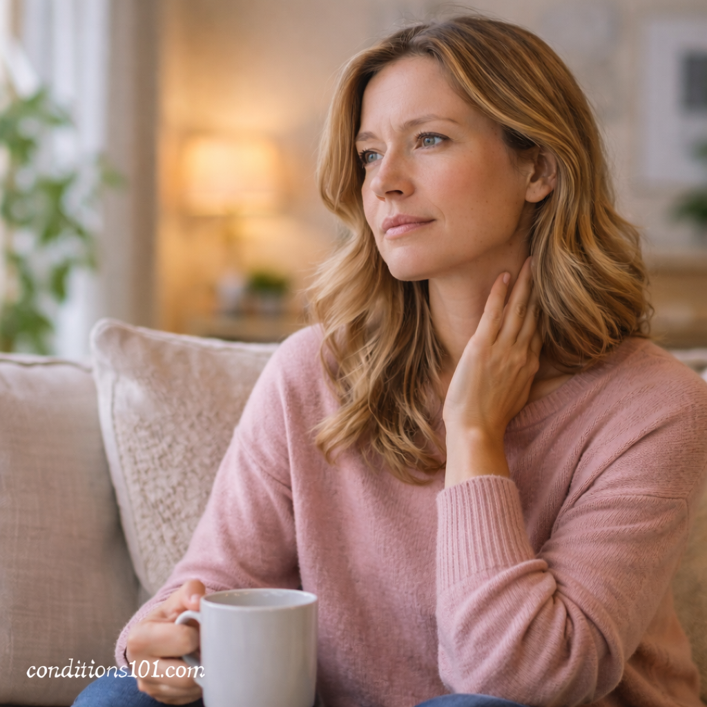 Adult woman sitting on a couch holding a mug and gently touching her neck in a calm home setting.