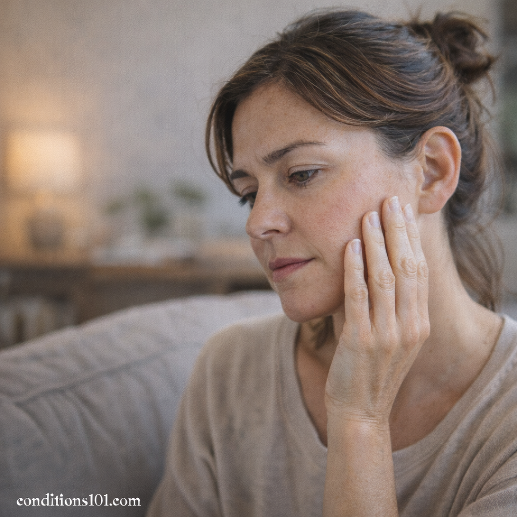 An adult woman sitting on a couch in a softly lit living room, gently touching her cheek with a thoughtful expression, representing skin barrier damage in an everyday setting.