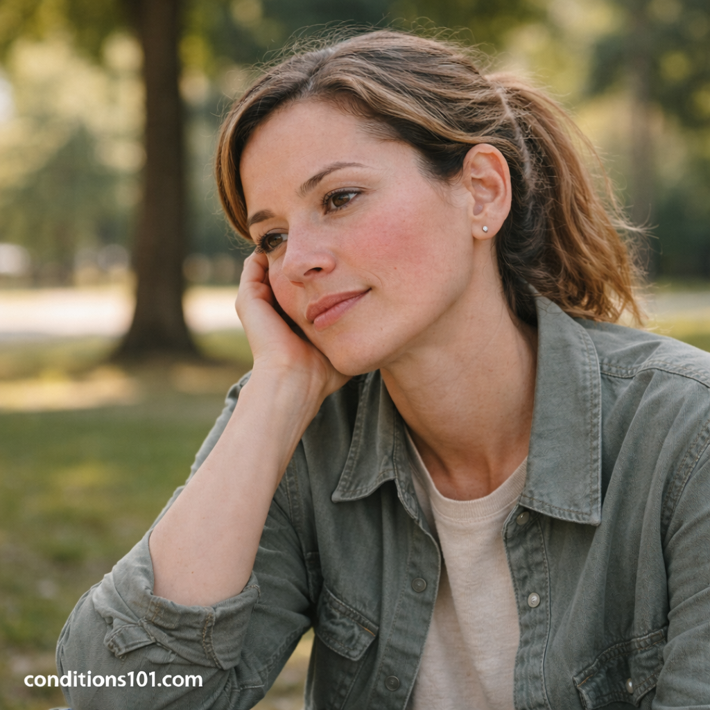 Adult person resting outdoors in a calm public space, representing everyday appearance changes related to skin redness.