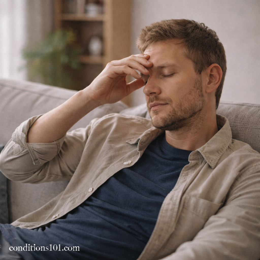 Adult man resting on a couch with eyes closed and a calm expression, representing everyday fatigue during sleep adaptation.