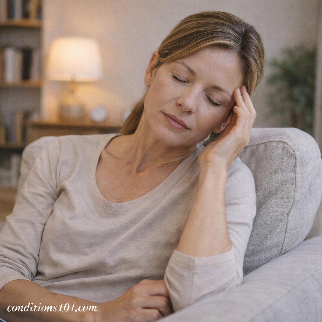 An adult woman resting in an armchair with a calm, reflective expression in a quiet indoor setting.