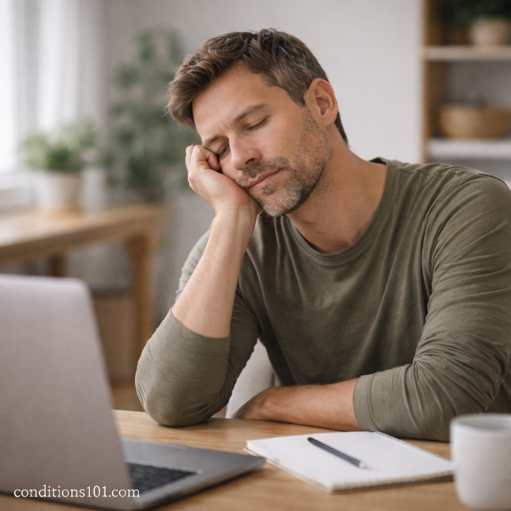 An adult man resting his head on his hand while sitting at a desk with a laptop, illustrating everyday tiredness commonly associated with sleep debt.