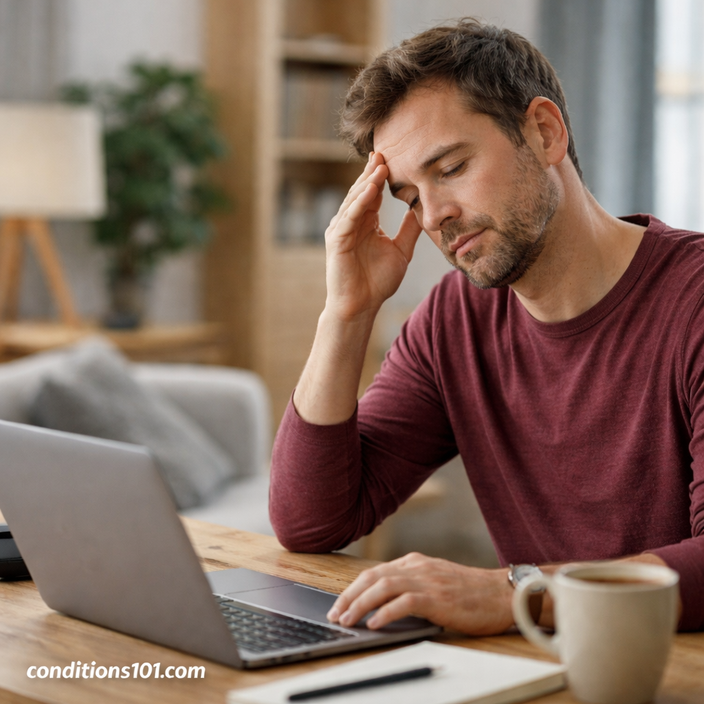 Adult man sitting at a home office desk with a tired expression, representing an everyday moment related to sleep deprivation.
