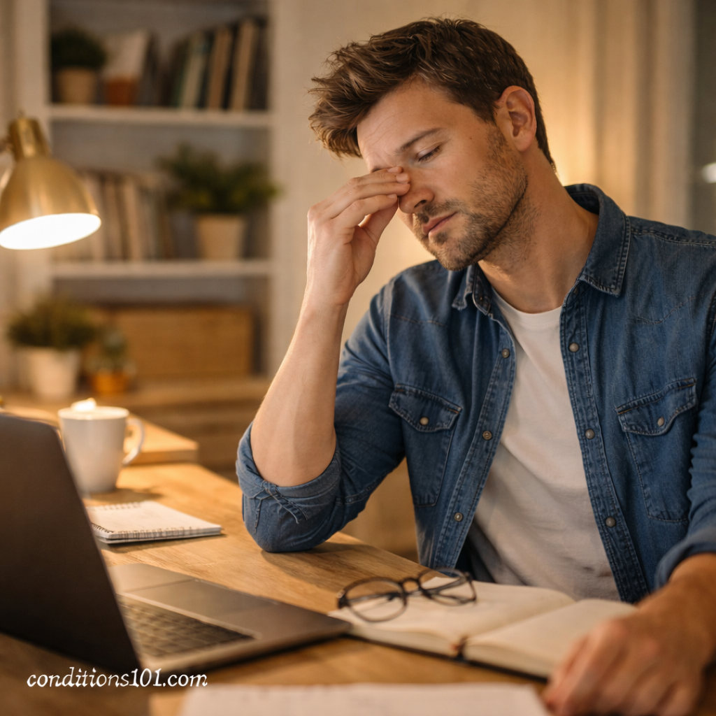 Adult man sitting at a desk in a home office, appearing tired and focused while working late.