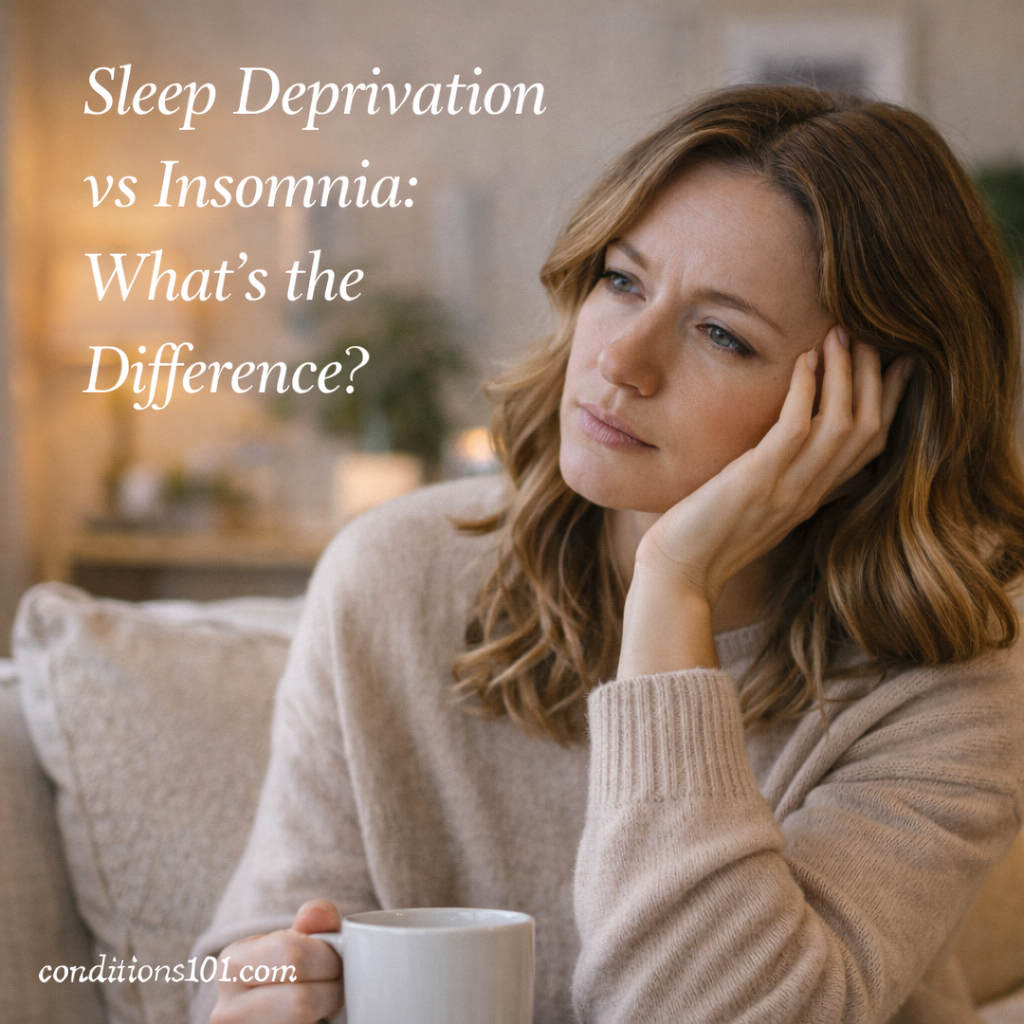 Adult woman sitting on a couch holding a mug, looking thoughtful while reflecting on sleep deprivation and insomnia.