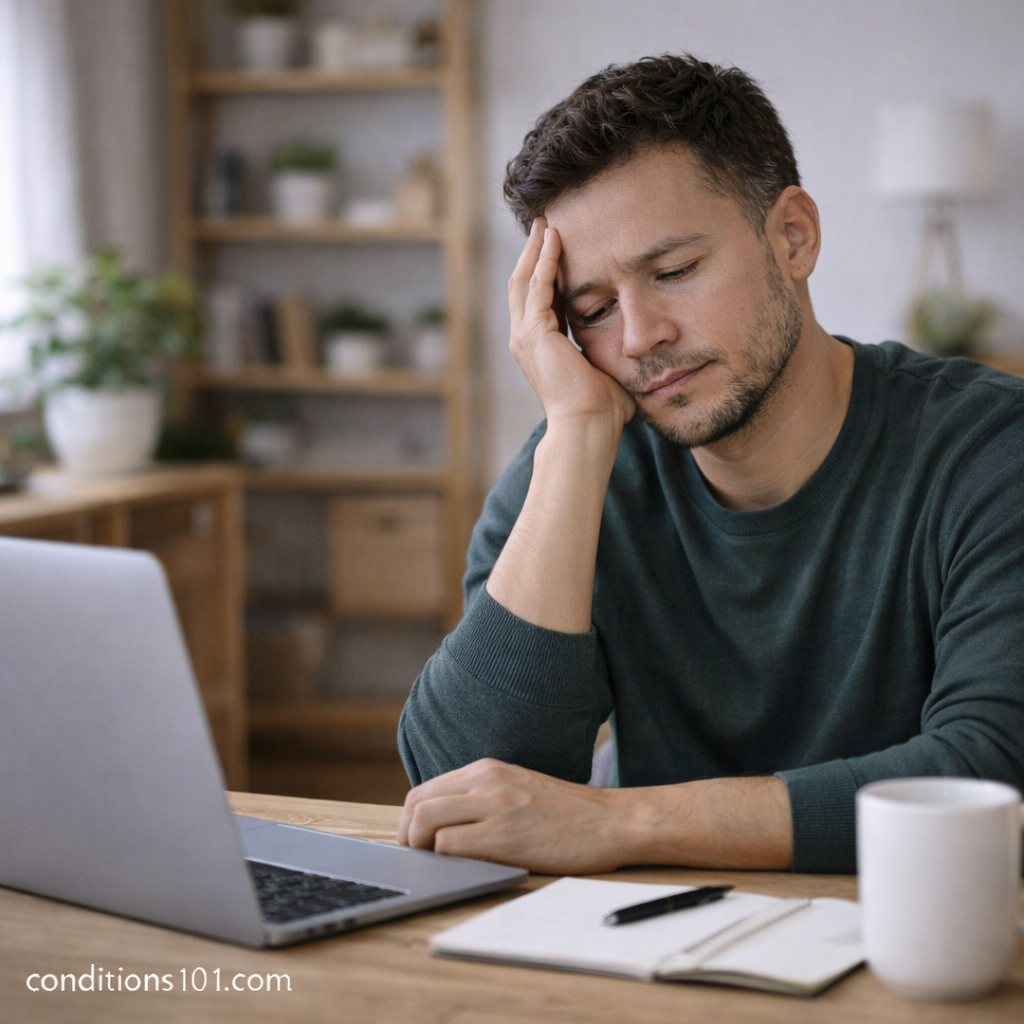Adult man sitting at a home desk with a tired, reflective expression while looking at a laptop, representing daytime effects of sleep fragmentation.