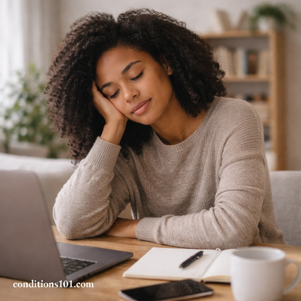 A woman resting her head on her hand at a desk, appearing mildly tired while working in a calm home office.