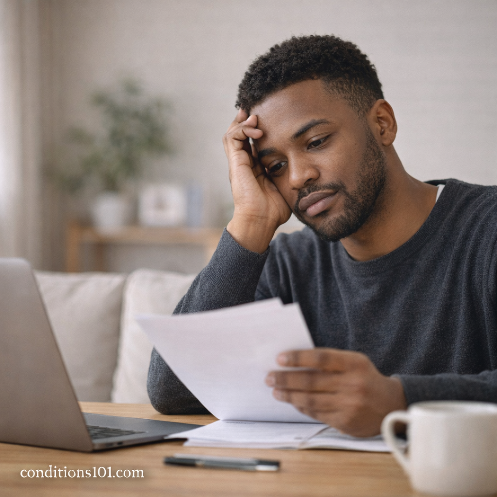 Young man sitting at a desk reviewing papers with a thoughtful, mildly tired expression, reflecting the impact of sleep quality versus sleep quantity on focus.