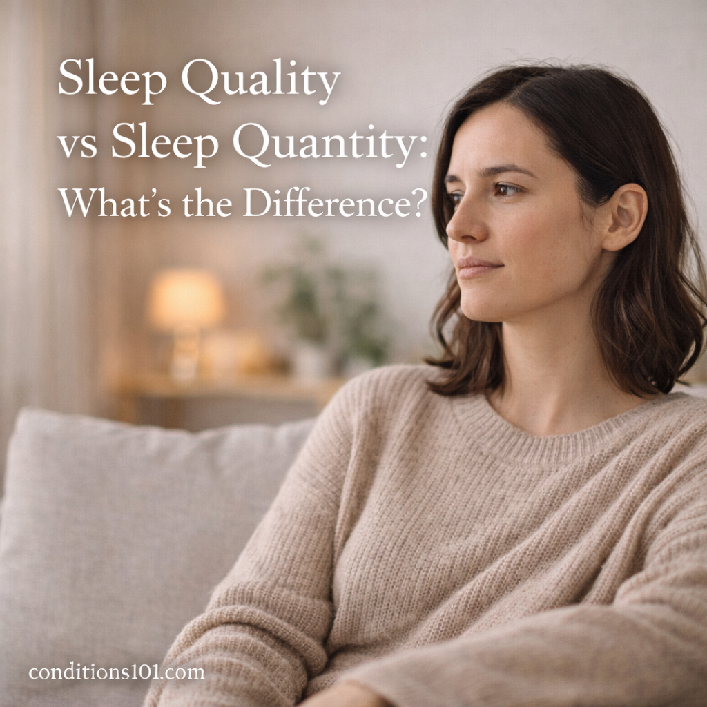 Woman sitting calmly on a couch with a thoughtful expression, representing the difference between sleep quality and sleep quantity in everyday life.