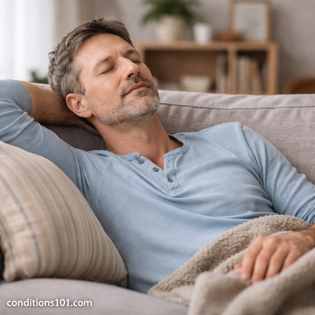 Middle-aged man resting on a couch in a calm home setting, illustrating everyday sleep recovery.