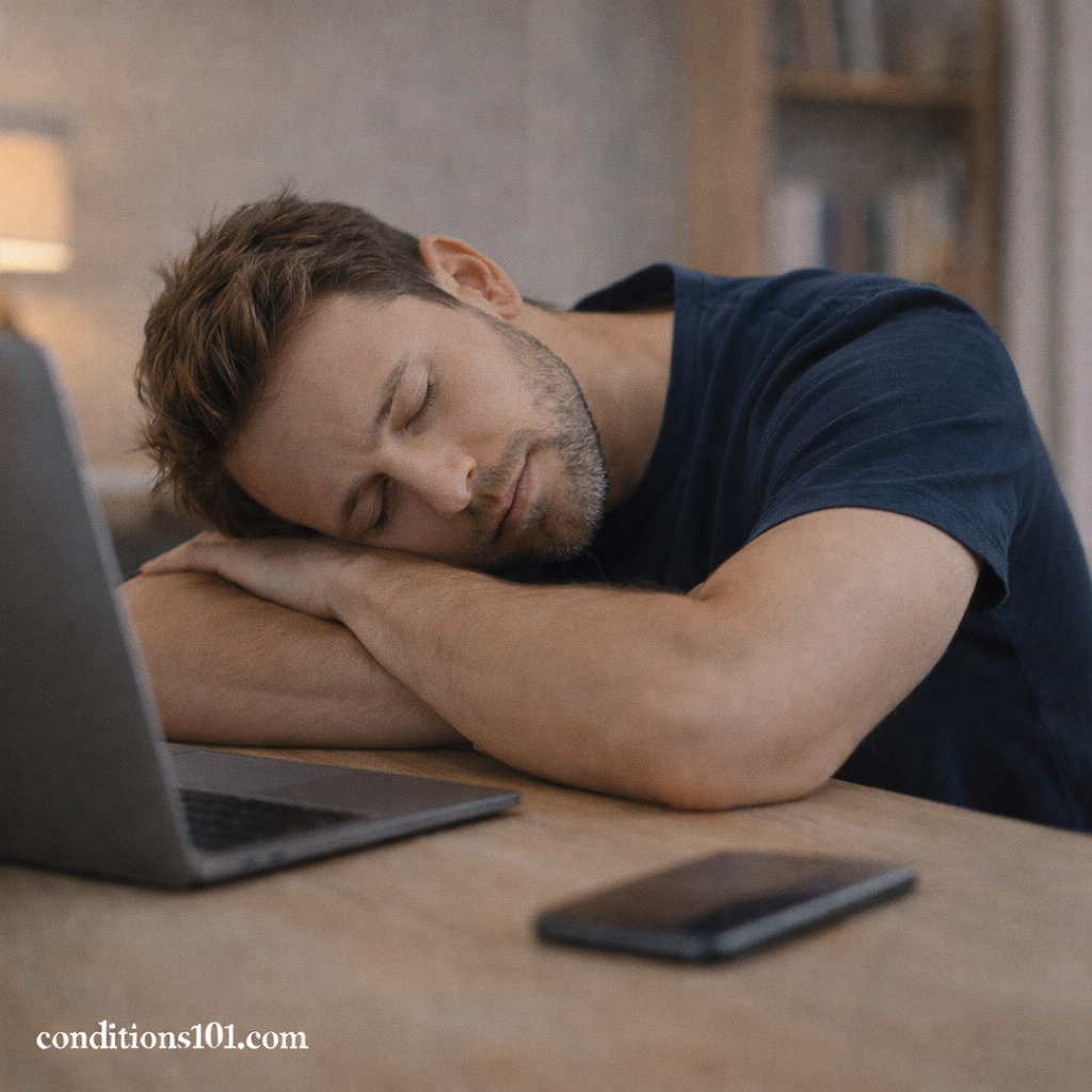Adult man resting his head on a desk during a quiet work break, illustrating mild tiredness and everyday sleep disruption.