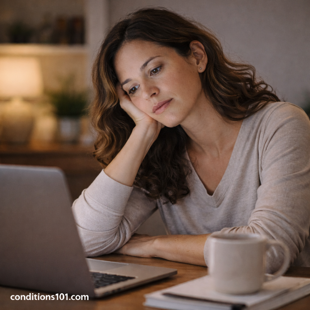Adult woman working at a desk in a calm home environment, representing everyday experiences related to sleep sensitivity.