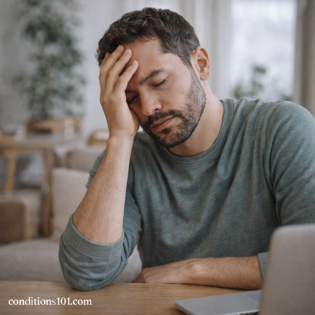 Adult person resting their head at a desk in a calm home setting, reflecting mild tiredness and everyday sleep instability.