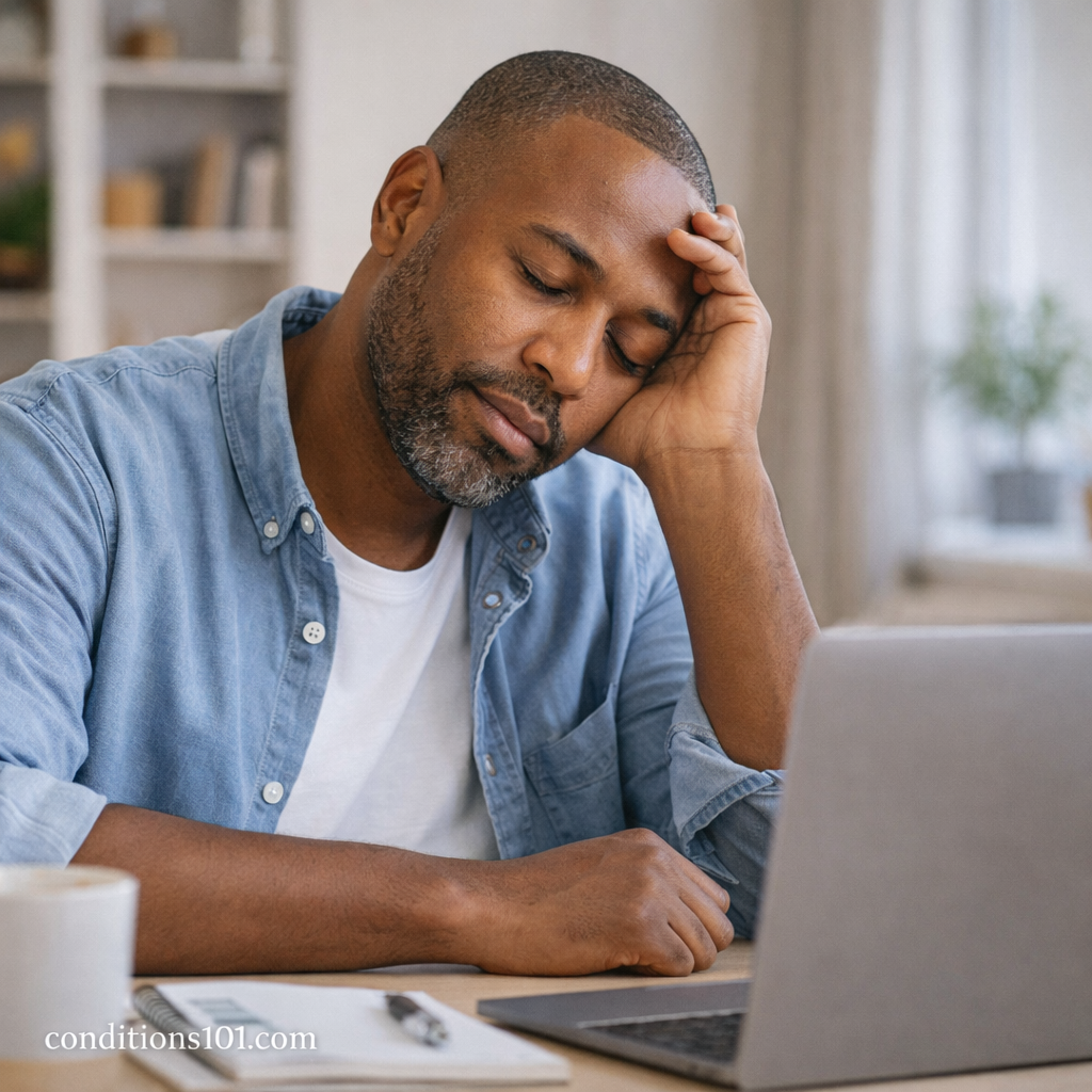 Adult man resting his head at a desk while working on a laptop, showing mild tiredness and mental fatigue related to sleep stress.