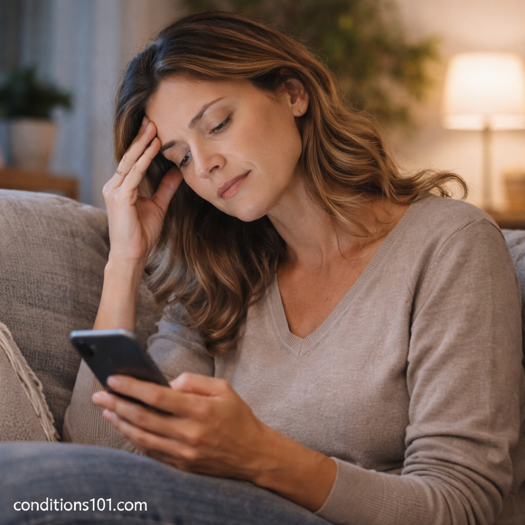 Woman sitting on a couch in the evening looking at her phone, reflecting how nightly routines and screen use can influence sleep timing.