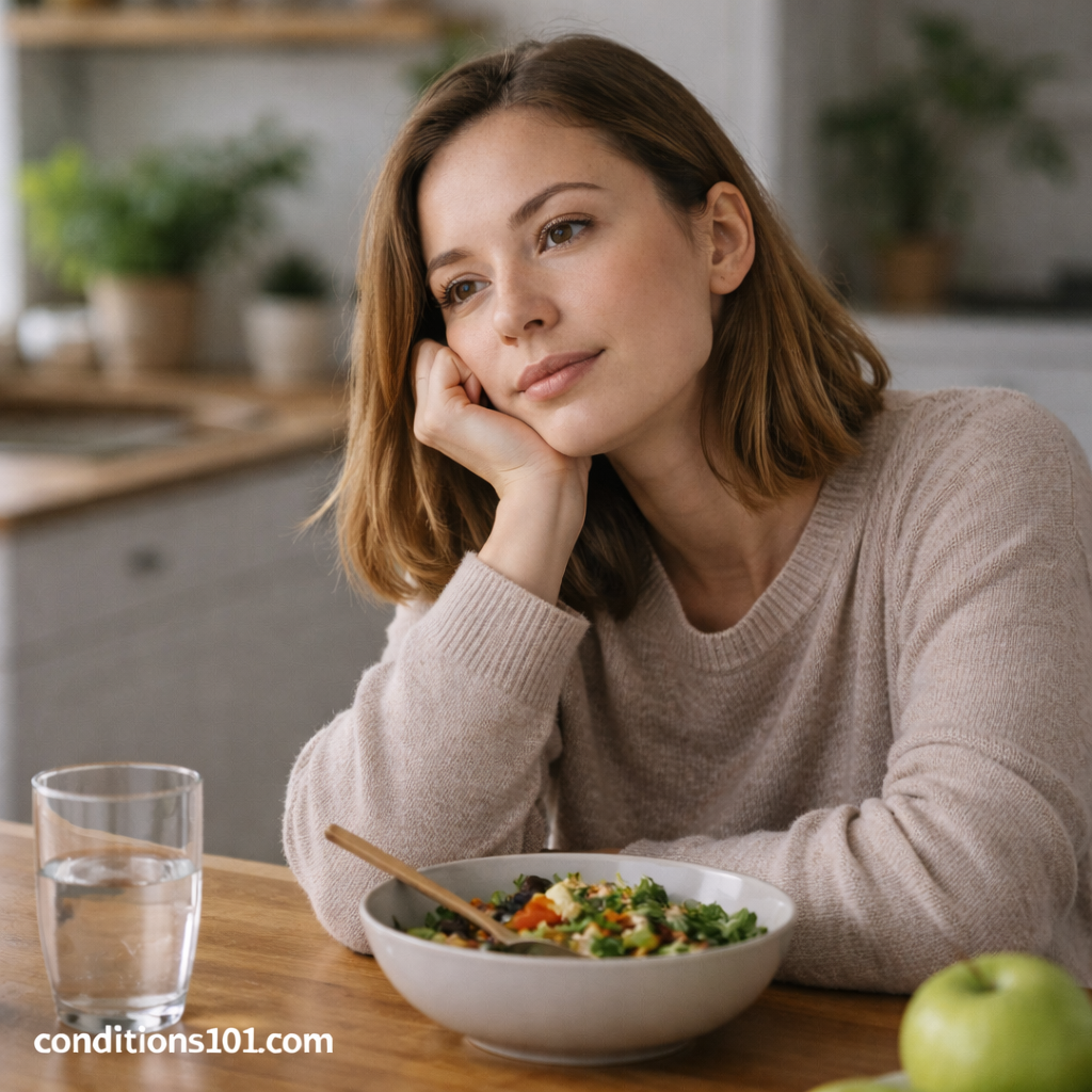 Young woman sitting at a kitchen table with a bowl of food, appearing thoughtful in a calm home setting related to digestion and daily eating.